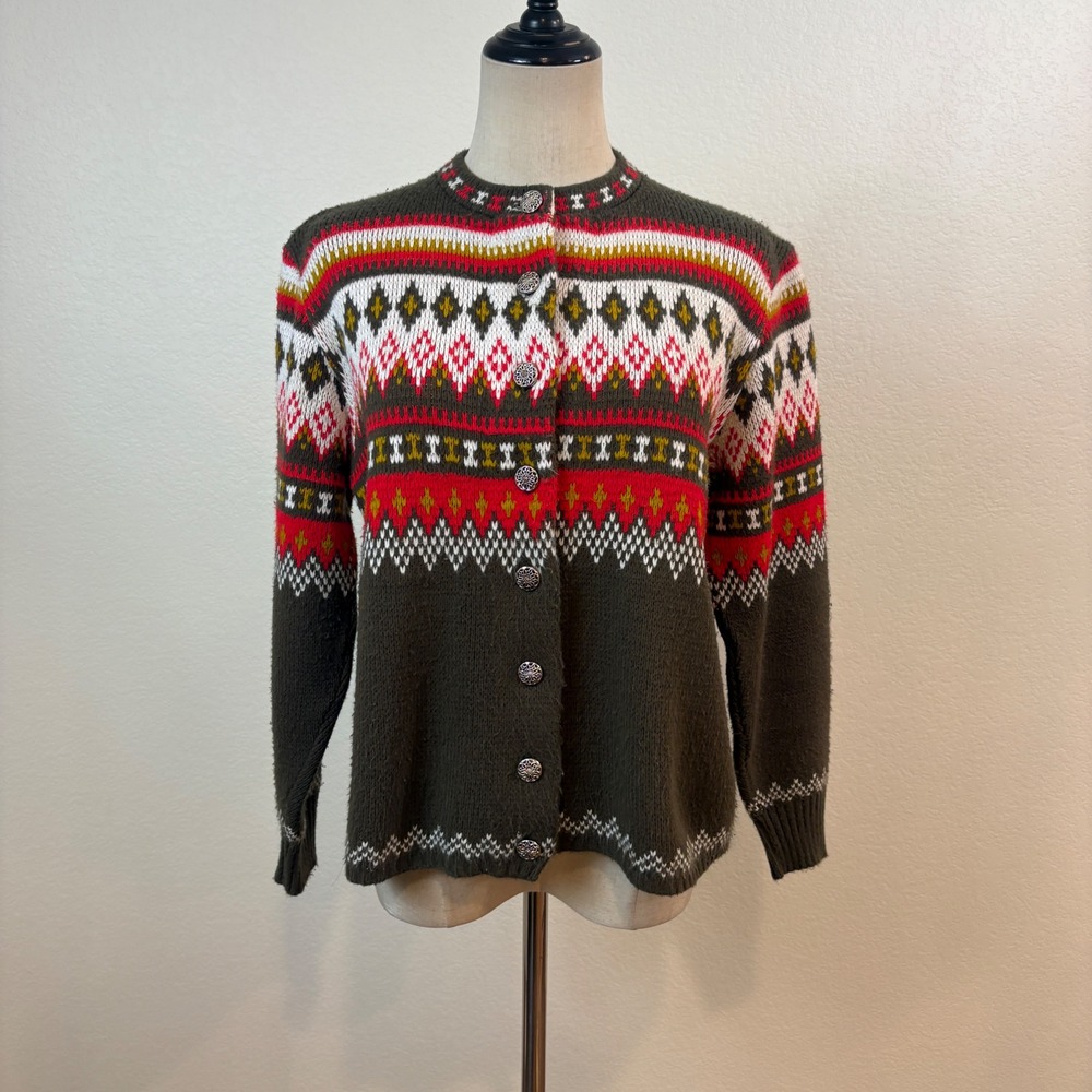 Jersild Cardigan Sweater Women L Vintage 50s 60s Fair Isle Orlon Winter Ski